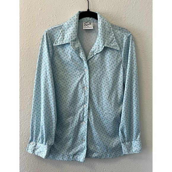 Sodi Tops - Vintage 70's Button Up Shirt Women's 18 Sodi Miami Blue Disco Dagger Collar